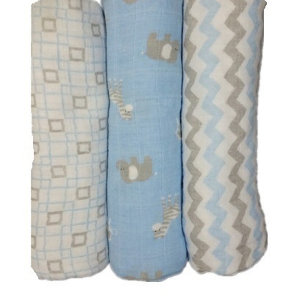 100% Cotton Swaddle Blankets - 3 pk - BLUE (BOY)